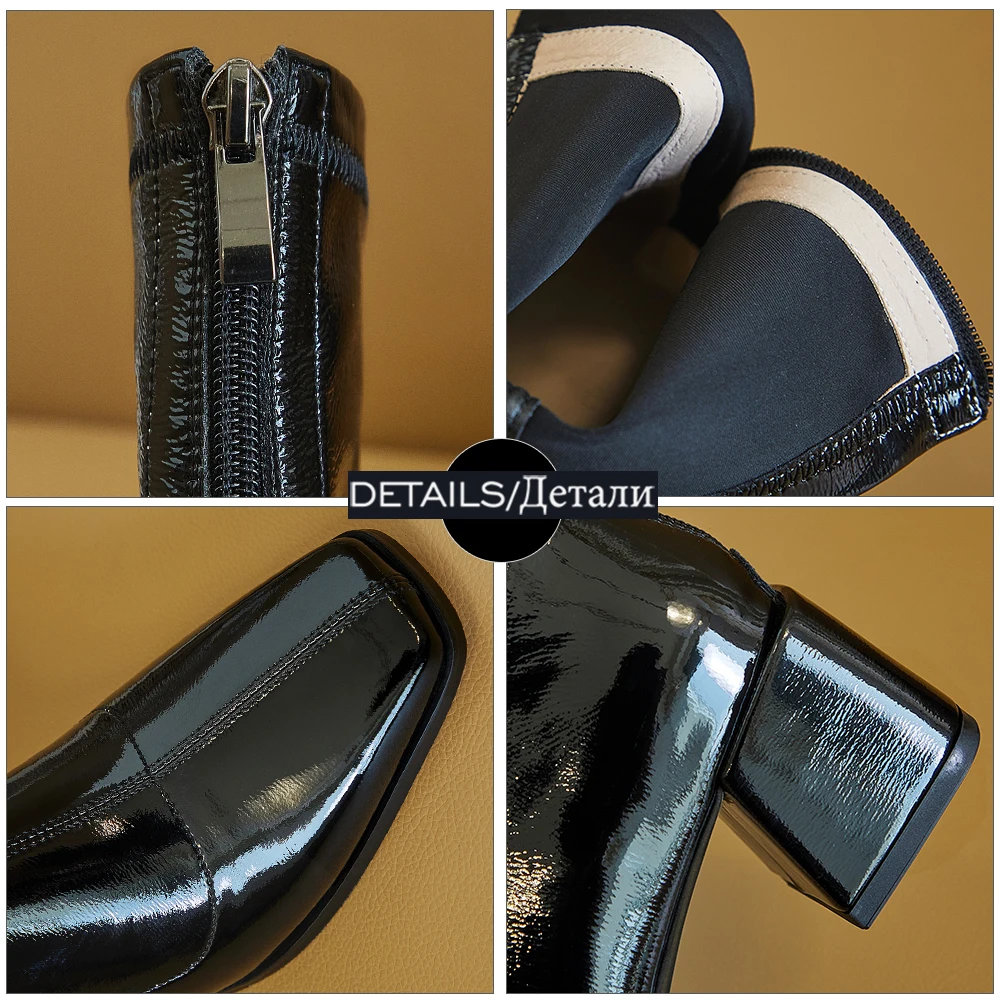 

WETKISS New Patent Stretch Ankle Boots Woman Thick Med Heels Square Toe Booties Slim Ankle Shoes Women Zipper Ladies Boot