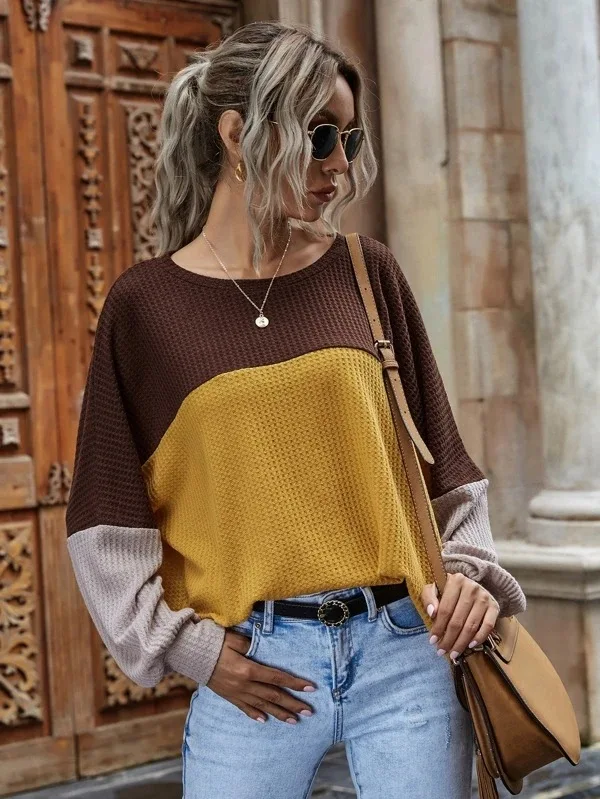 

2021 new t-shirt for girl t-017 contrasting color round neck long-sleeved casual long t-thirts wholesale