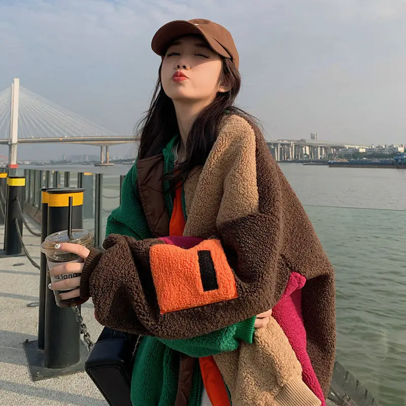 

DUOFAN Winter Female Fashion Patchwork Fleece Thicken Lamb Wool Coat Women Baseball Clothing High Street Loose Ragular Jacket