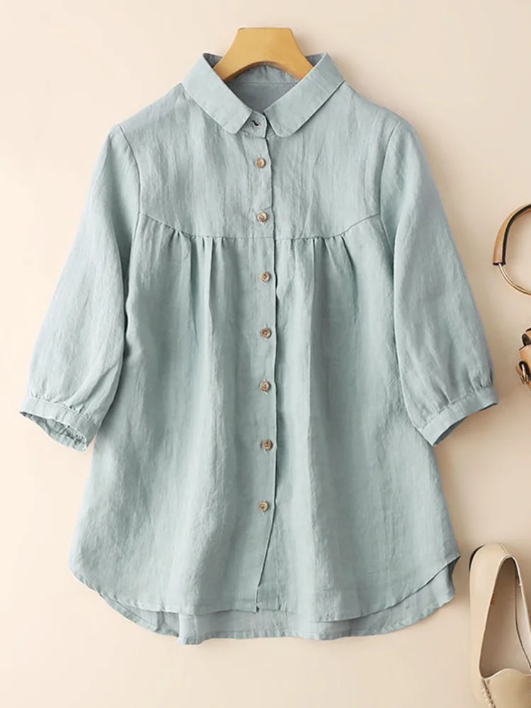 

Cotton Linen Solid Women Shirts Summer Vintage 2021 Turn-Down Collar Half Sleeved Loose Elegant Office Lady Outwear Tops