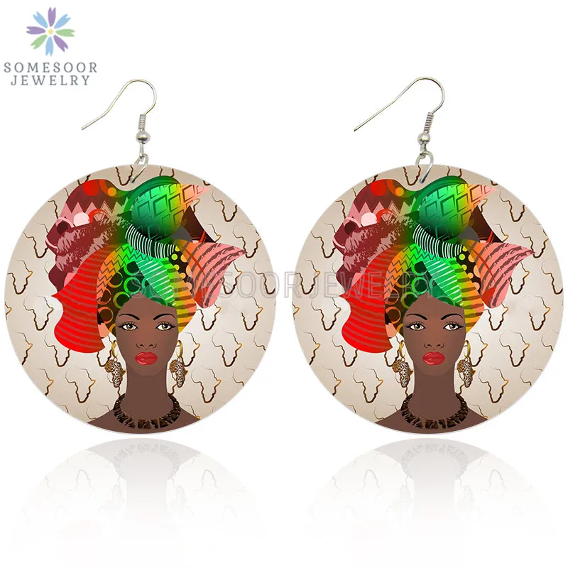 SOMESOOR 6 см большие круглые афро деревянные висячие серьги с узором в виде карты