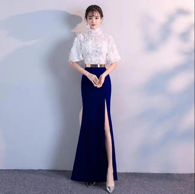 navy blue Тонкий Cheongsam сексуальное длинное Qipao вечернее платье вечерние платья халат китайский традиционный Женский Чино традиционный - Цвет: navy blue
