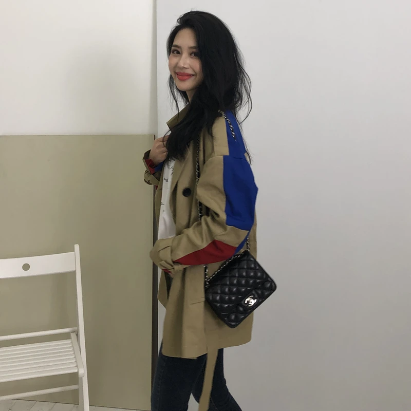 Женский Тренч с цветными блоками CHEERART карманами и поясом верблюда осеннее пальто