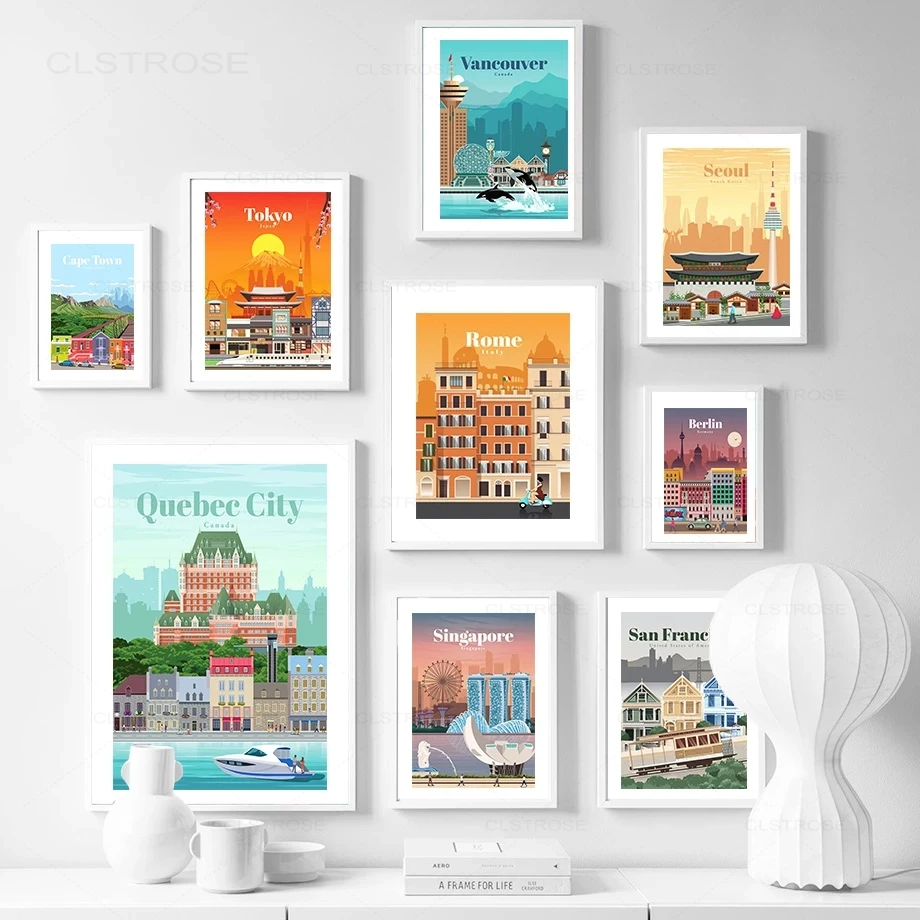 

Travel City Nordic Posters Rome Tokyo Seoul Singapore scenery Wall Art Canvas Painting modern home Decor Picture For Living Room