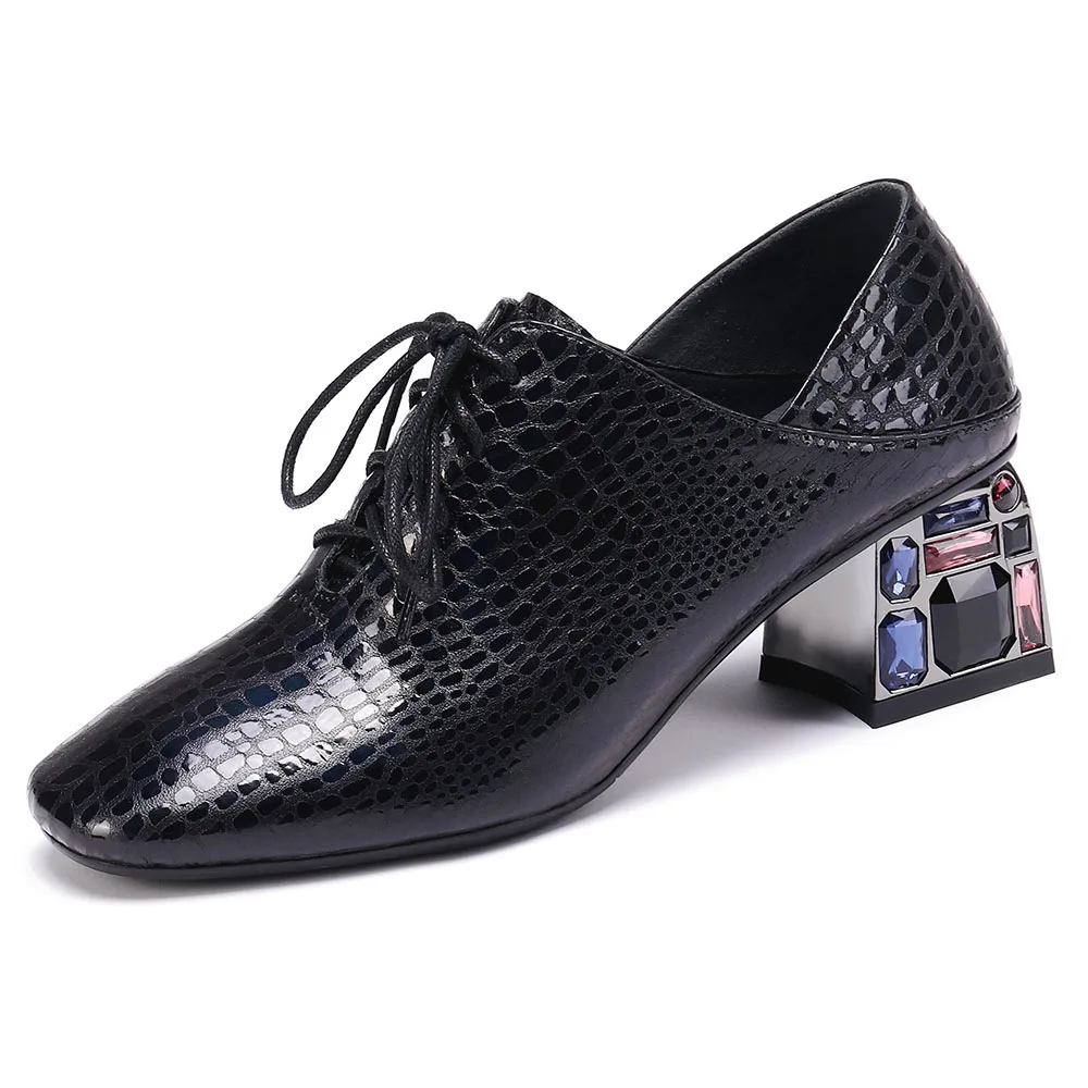 

Pumps Shoes Women Genuine Leather High Heels Fashion Brogues Ladies Lace-Up Pumps Woman Square Toe Oxfords Dress Shoes 2021