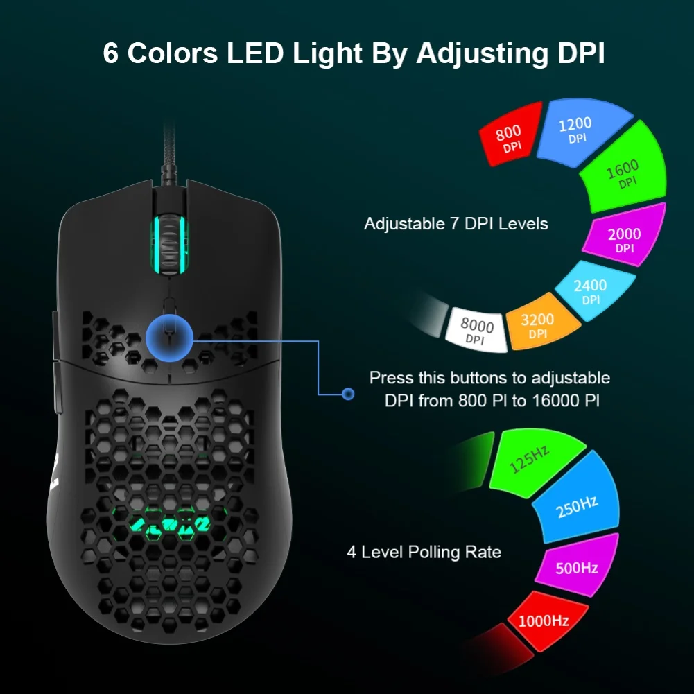 AJ390 Wired Hollow-out 6 LED Light Mouse for computer PC Adjustable 16000DPI 7 Keys Gaming Mice | Компьютеры и офис