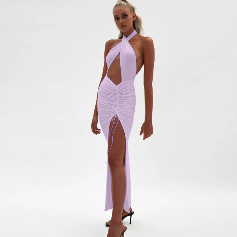 

Hollow out Navel Dress for Holiday 2021 New Women's Backless Halter Neck Sexy Dress Solid Summer Long Dresses