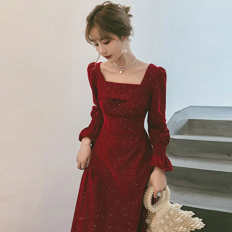 

Woamn Dress Square Autumn Wine Red Long Sleeve Slim Dresses Female Kawaii Clothes Cute Women Party Clothing Gown Elegant Dress