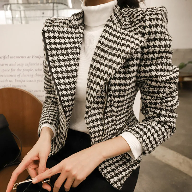 

ZAWFL Women's Blazer 2021 Plaid Casual Single Breasted Houndstooth Blazer Long Sleeve Autumn O-Neck Short Jackets Tops