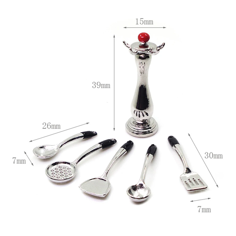 

Alloy 6Pcs/Set 1/12 Dollhouse Alloy Kitchen Utensils Spoon Spatula Hanging Rack Toy New gift for children