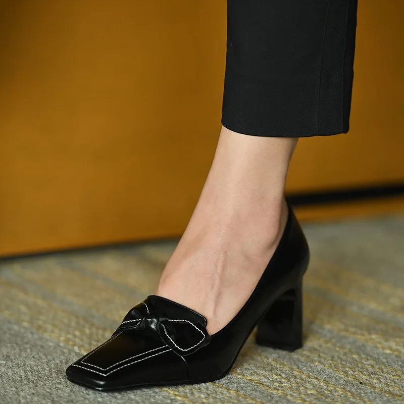 2022 Spring New High Heels Square Toe Office Dress Ladies Leather Thick Heel Shallow Mouth Classic High Heels 7 Cm