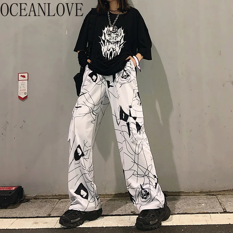 Женские широкие брюки с принтом OCEANLOVE Harajuku свободные высокой талией в японском