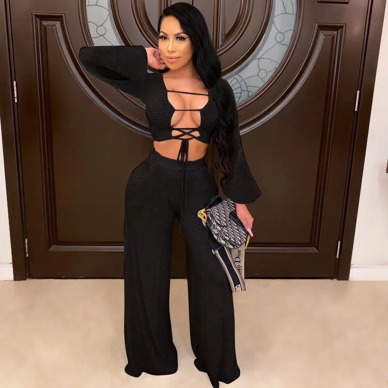 

Patchwork Sexy Bandage Crop Tops+Wide Leg Pants Two Piece Sets Women V-neck Party Clubwear Hot Female Matching Outfits