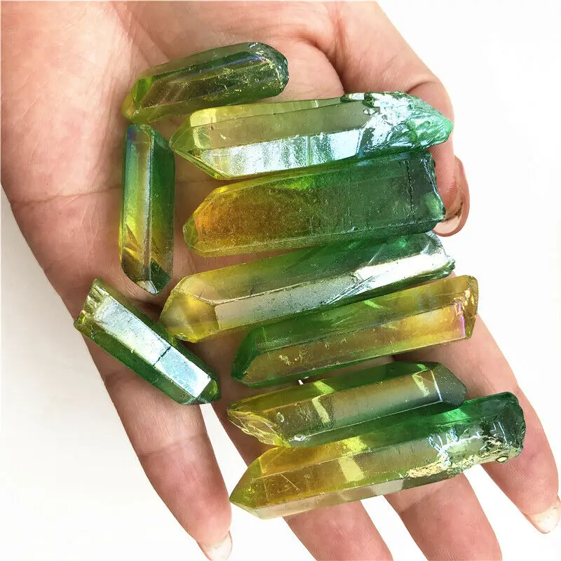 50 г зеленый и желтый аура кварцевый кристалл точка титановая обработка кварц