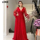 LORIE красные блестящие Длинные свадебные вечерние платья с V-образным вырезом без рукавов блестящие Длинные Пышные рукава плиссированные Фотообои