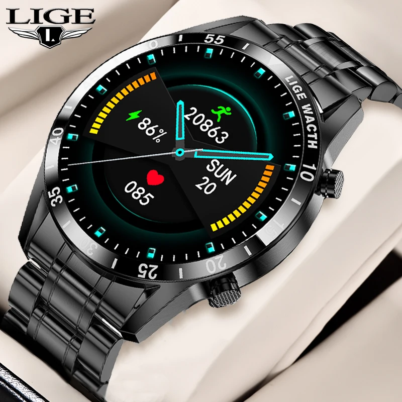 

LIGE Full Touch Screen Mens Smartwatch Heart Rate Blood Oxygen Monitor Bluetooth Call Message Reminder Sports Smart Watch Men