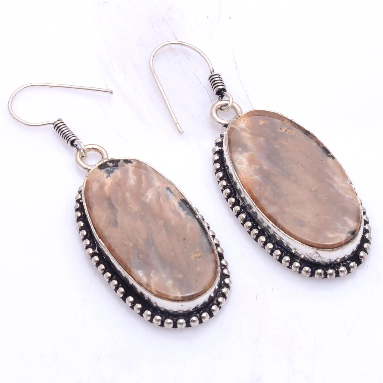 

Genuine Honey Dendrite Opal Earrings Silver Overlay over Copper , Hand made Women Jewelry Gift, E5710