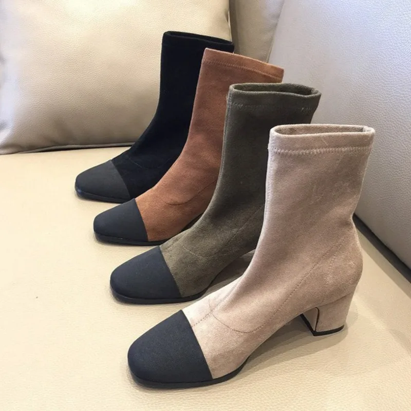 

Women Sock Ankle Boots Ladies Fashion Suede Stretch Med Heel Boots Female Mixed-color Shoes 2021 Winter Fashion Booties