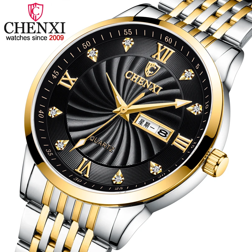 2023 New Couple Watches Luxury Brand CHENXI Men Quartz Watches For Women's Golden Full Steel Waterproof Clock Dress Lady Watch