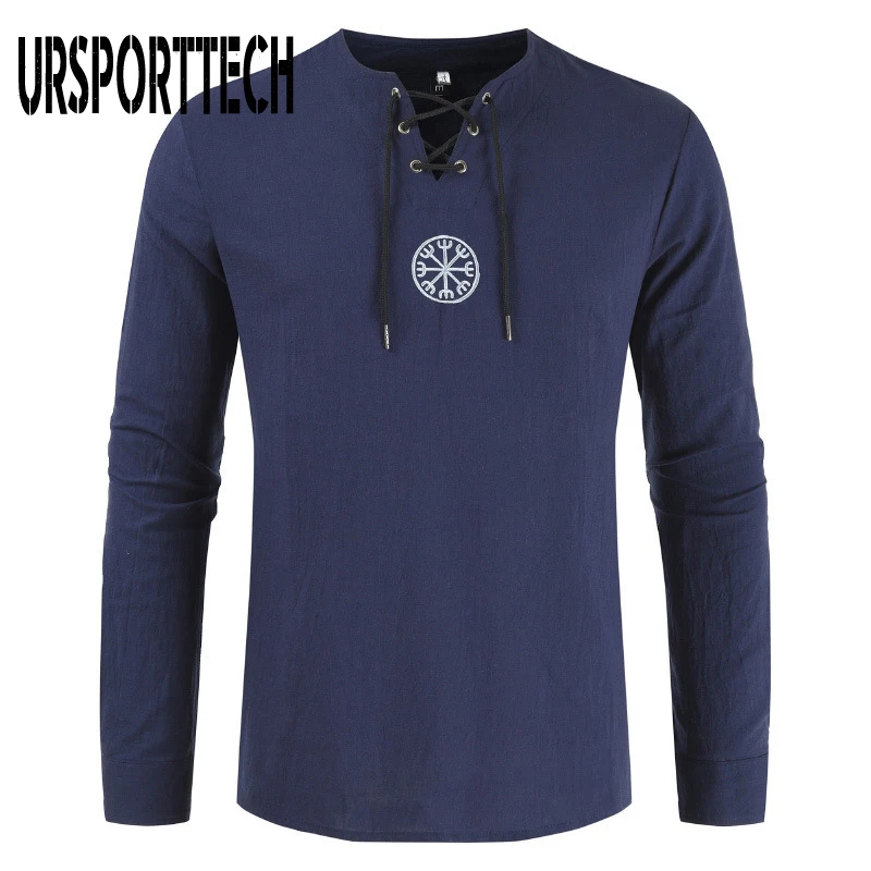 URSPORTTECH Cotton Linen Men's Shirt Top Ancient Viking Embroidery V Neck Long Sleeve Shirt Tops For Mens Clothing Plus Size 4XL