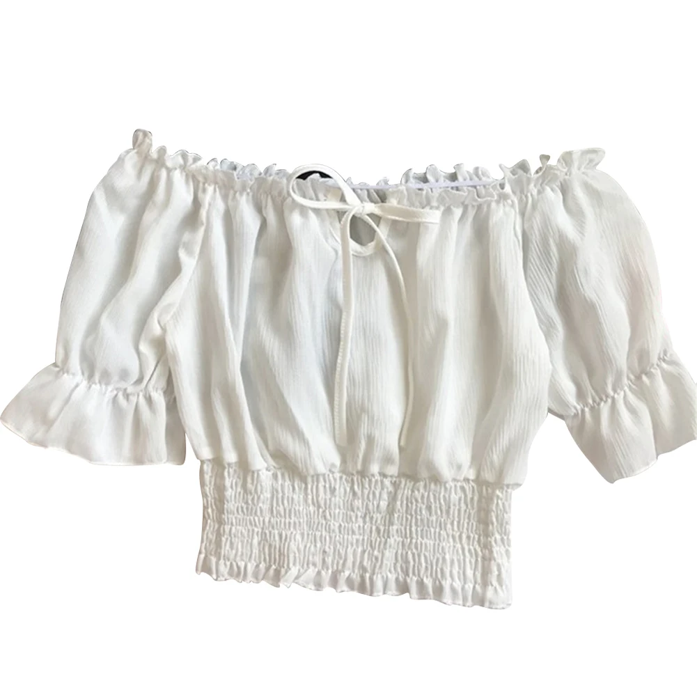 Сексуальная летняя майка с эластичной талией рукав-фонарик открытыми плечами