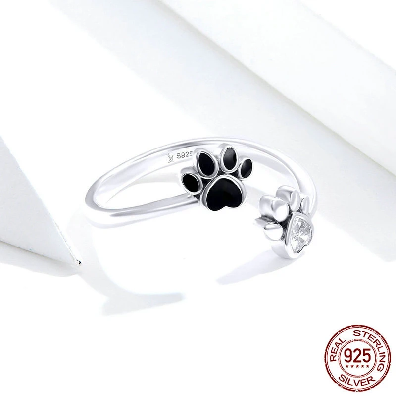 

bamoer Sterling Silver 925 Black Enamel Dog Paw Open Adjustable Finger Rings for Women Anti-allergy Jewelry Accessories SCR605