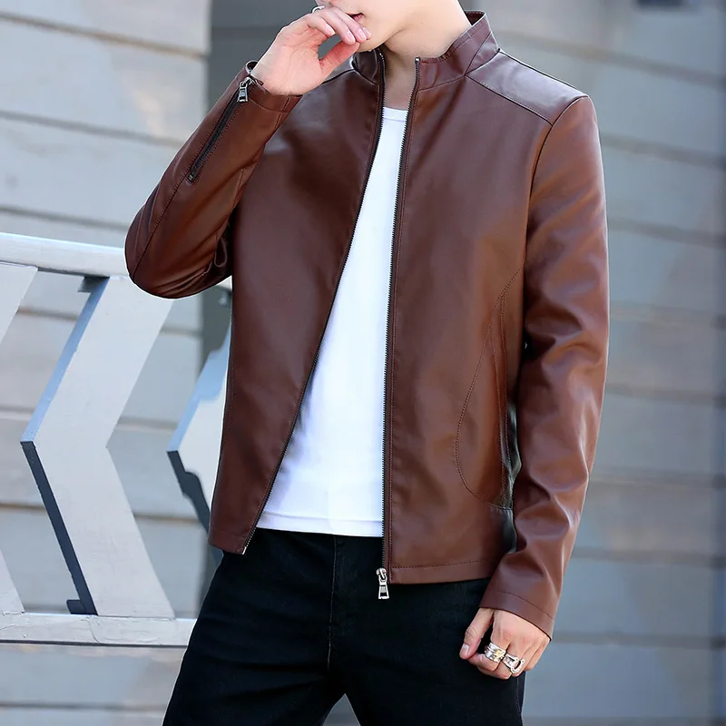 

2020 Men's PU Leather Jacket Solid Long Sleeve Stand Collar Zipper Spring Autumn Vintage Decor High Quality Male Slim Coat