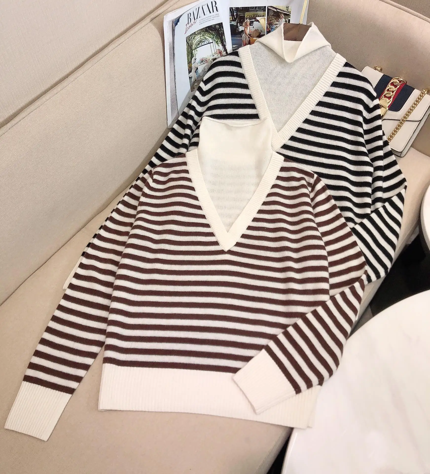 

fashion new ladies 2023 long sleeve sexy casual high neck striped wool delicate sweater 1230