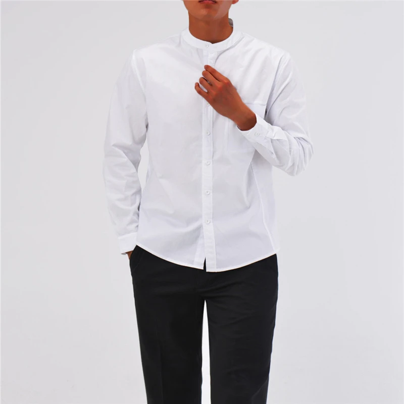 Рубашка мужская с воротником стойкой повседневная приталенная блузка на