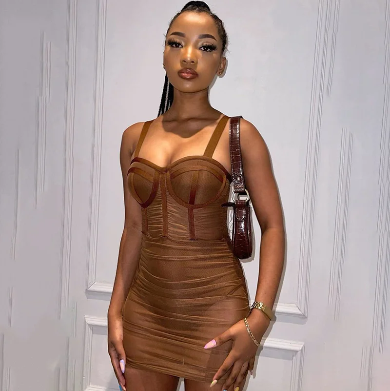 

SUJYing Women's 2021 Summer New Solid Color Suspender Mesh Perspective Pleated Sexy Short Party Dress