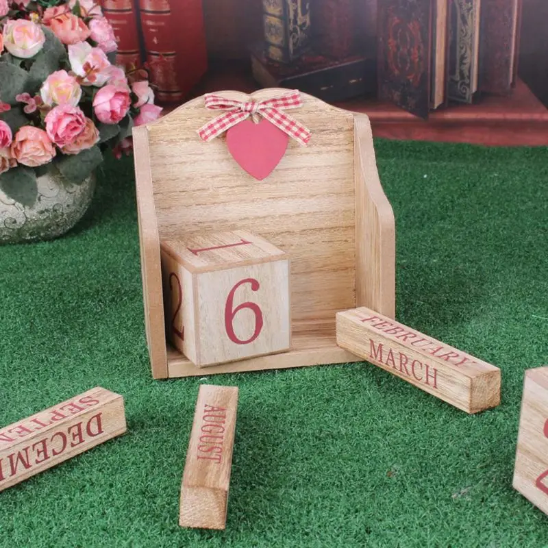 

C5AE Vintage Wooden Perpetual Calendar Month Date Display Eternal Blocks Photography Props Desktop Accessories Home Office