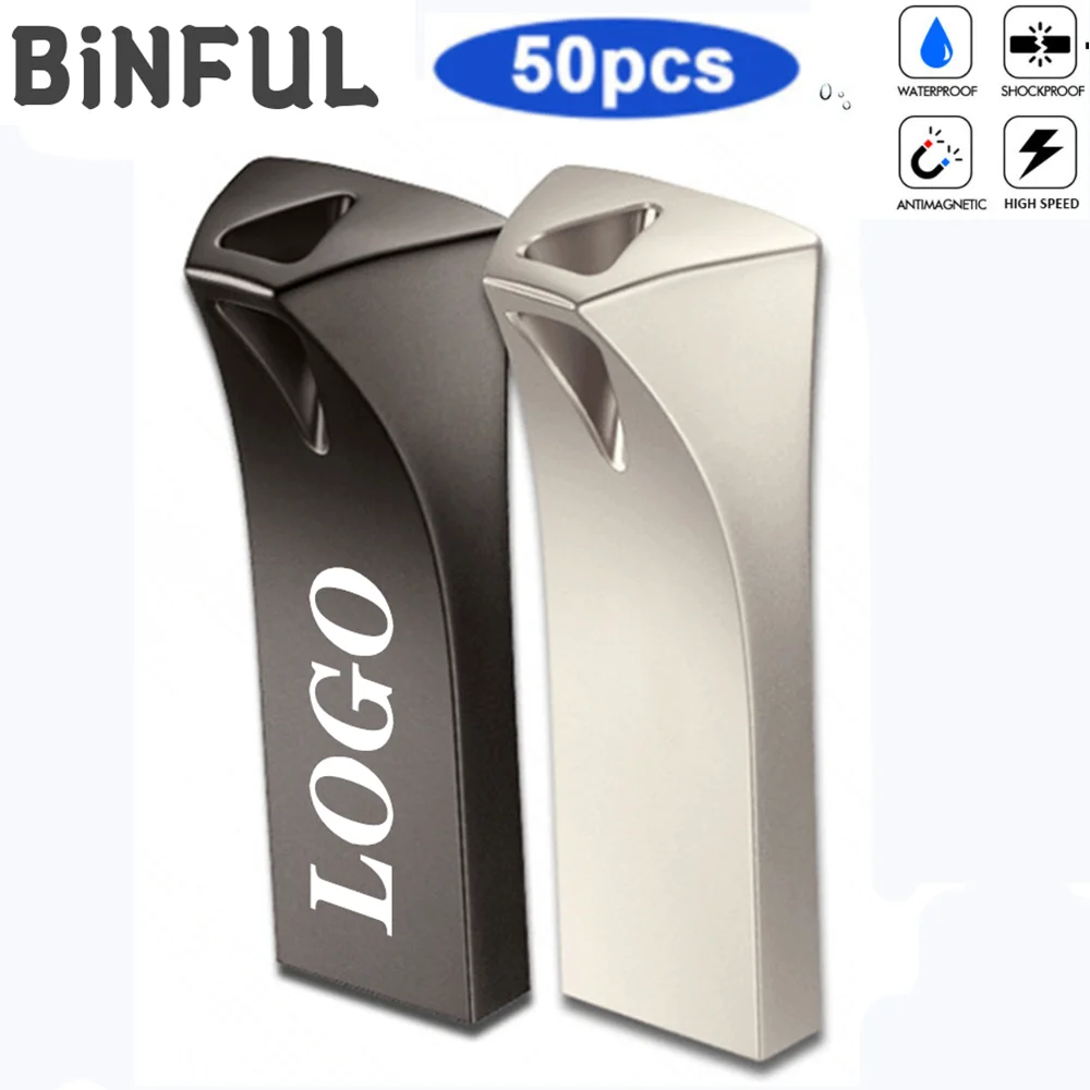 BiNFUL 50pcs Pen Drive Metal Waterproof Usb Flash Drive High Speed 2.0 Flash Drive 128MB 4GB 8GB 16GB 32GB Pendrive Print Logo