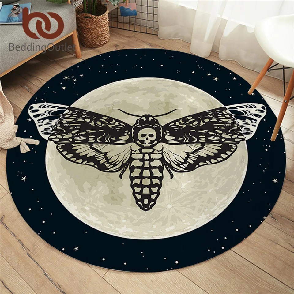 BeddingOutlet Death Moth Area Rug Gothic Skull Round Floor Mat Butterfly Moon Living Room Carpet Bathroom Kitchen Rug Doormat