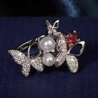 women ring butterfly shape inlaid red zircon pearl silver color ring stylish engagement ring designed for women give girlfriend
