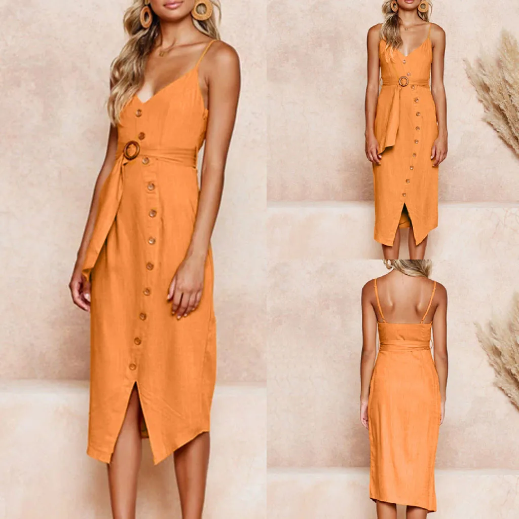 Мода весна 2020 женское платье на бретелях одноцветное с v-образным вырезом