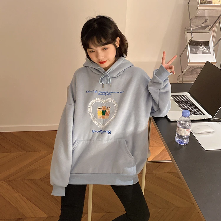 

2021 Spring Kawaii Women Oversized Hoodie Love Heart Bear Family Embroidered Flocking Thickened Hoodies