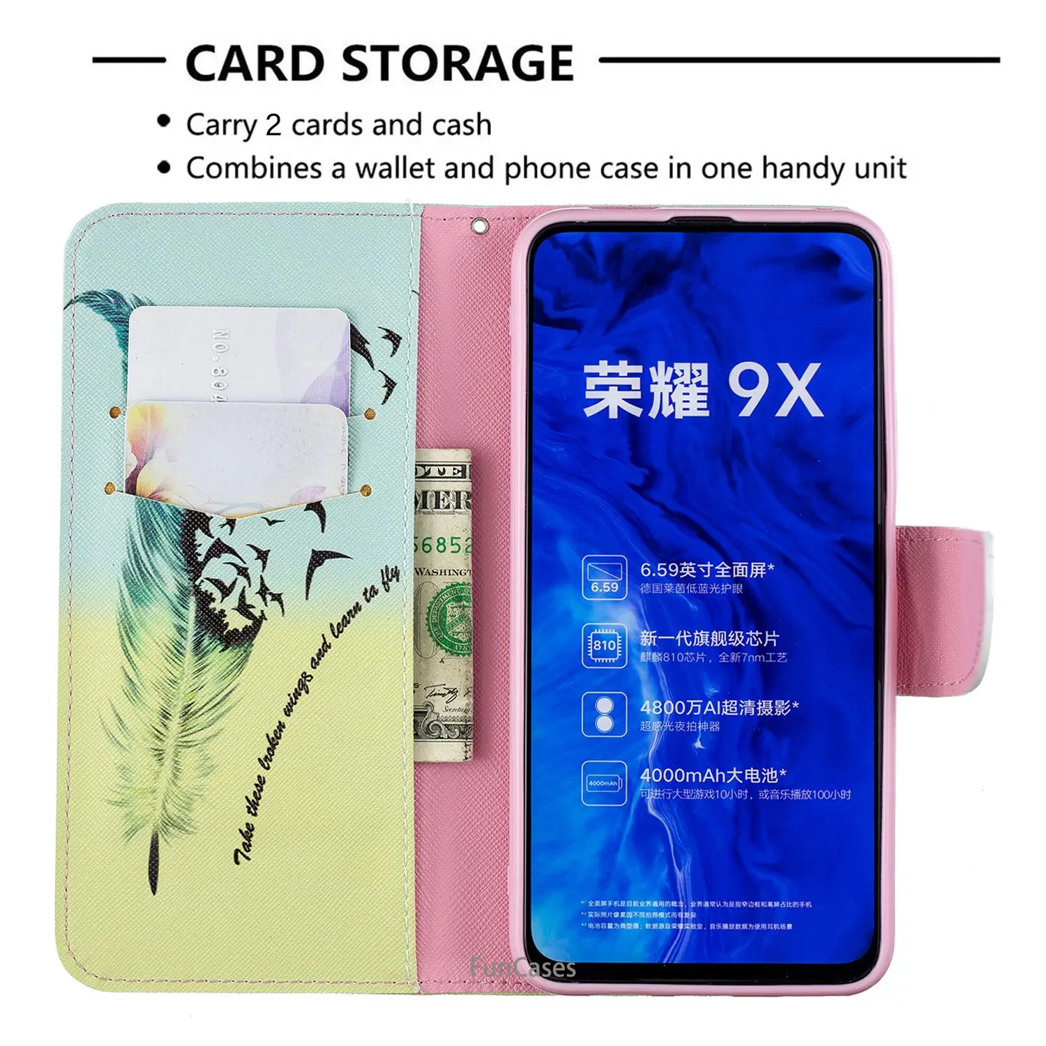 Чехол бумажник из искусственной кожи с перьями для huawei Honor 9X Pro Чехлы под мрамор