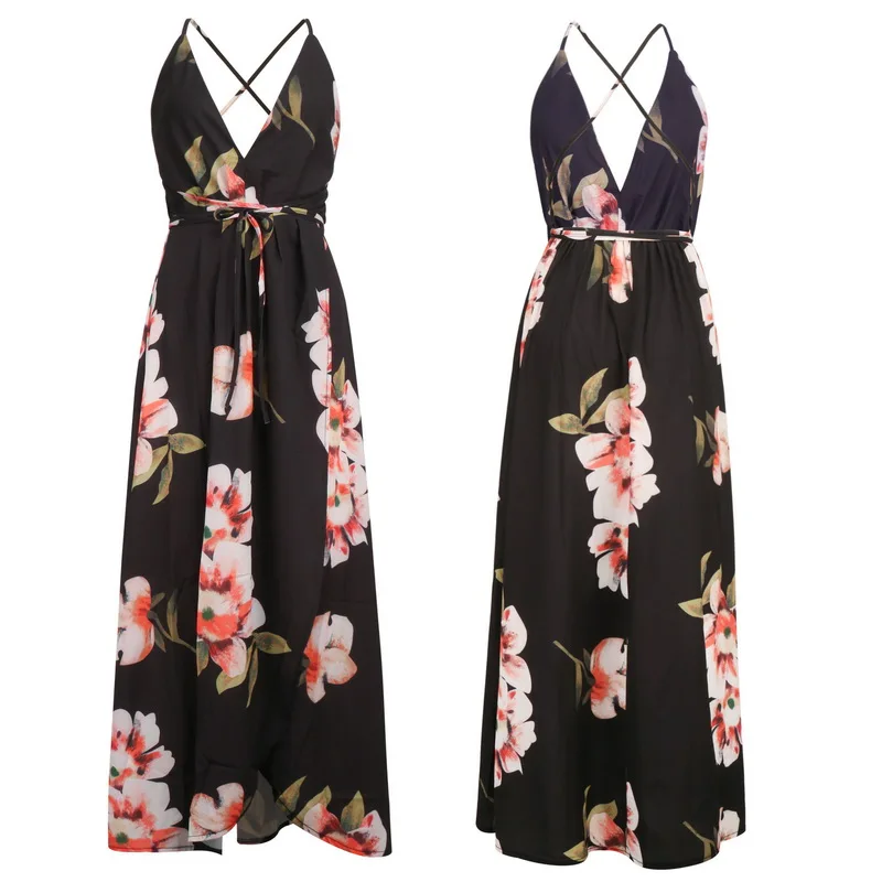

QRWR Summer Sexy Spaghetti Strap Party Women Dresses Off Shoulder With Sashes Dress Floral Printing Split Long Dress Women