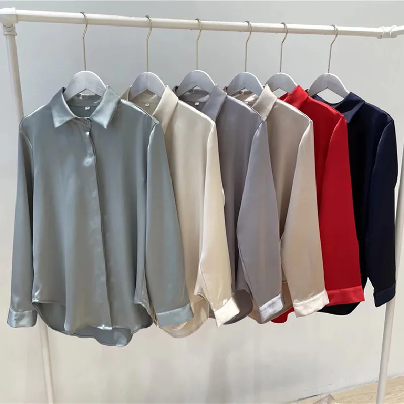 

ZXQJ Women Solid Satin Shirts 2021 Autumn Fashion Ladies Long Sleeve Lapel Loose Homewer Blouse Female Covered Button Shirts