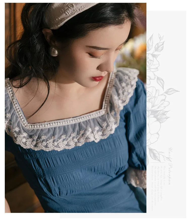 

Summer Cottage Style Blue Dress For Slim Women Vintage Mori Girl Lace Square Collar Petal Sleeve Prairie Dresses Retro Vestido