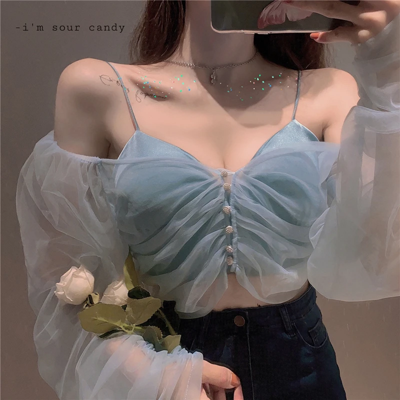 

Mesh Sunscreen Shirt Women's Summer Thin Long-Sleeved Short Shirt New All-match French Non-Mainstream Shirt Sexy Lady Girl Camis