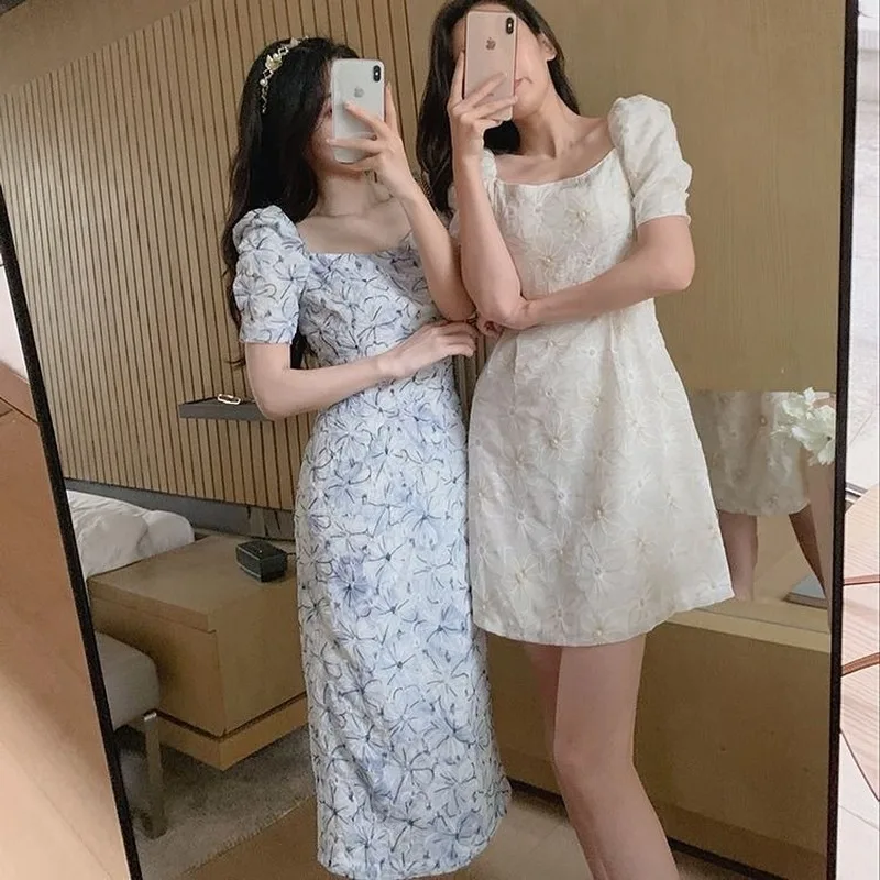 New Puff Sleeve Dress Women Summer 2020 Suqare Collar Elegant Korean Style Female Clothes Casual Mid-Calf Retro Vintage | Женская одежда