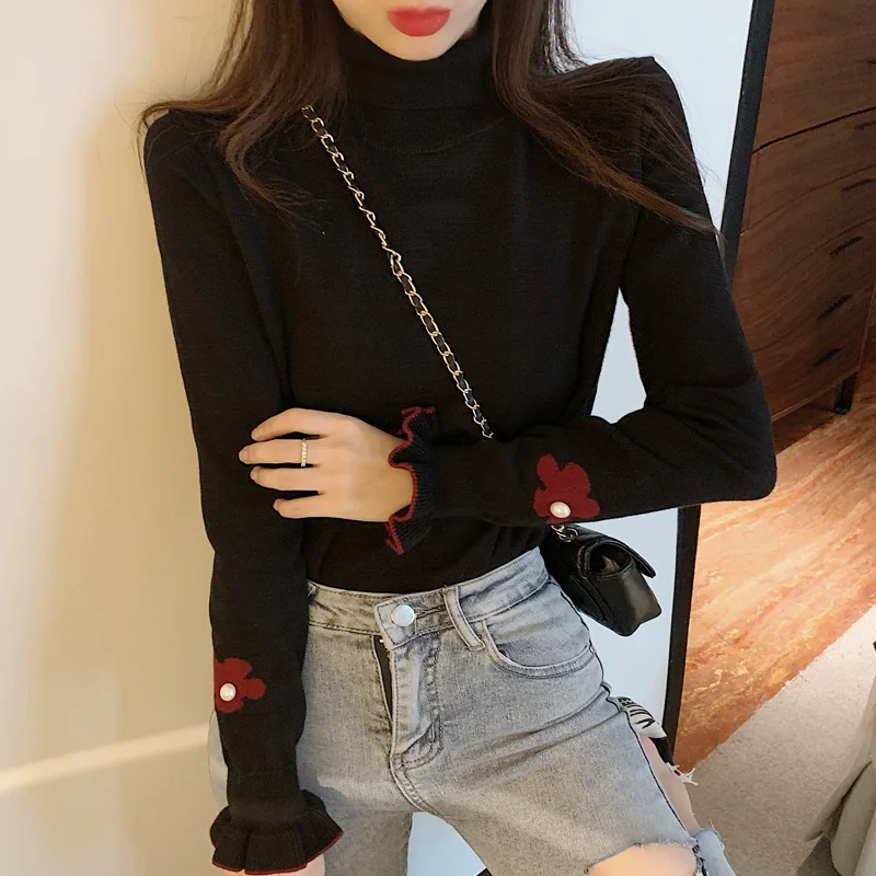 

turtleneck fashion brand floral sweater autumn winter clothes women Basic knitted pullovers ladies Slim long sleeve sweet style