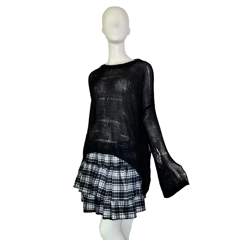 Suéter de punto con agujeros para mujer, Jersey Sexy gótico, fino, holgado, moda coreana, Top blanco y negro, otoño