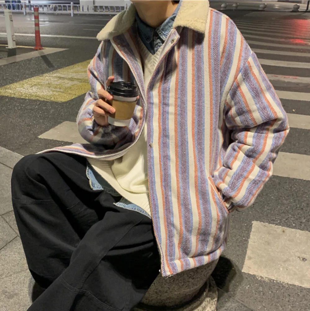 

Winter 2020 Men's New Cashmere Lapel Color Stripe Loose Cotton Padded Thickened And Enlarged Casual Coat Plue Size M-5XL