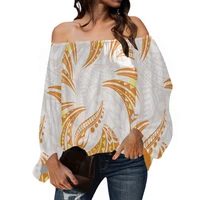 polynesia tribe print women off shoulders long sleeve chiffon shirt womens gold luxury design ladies chiffon shirt