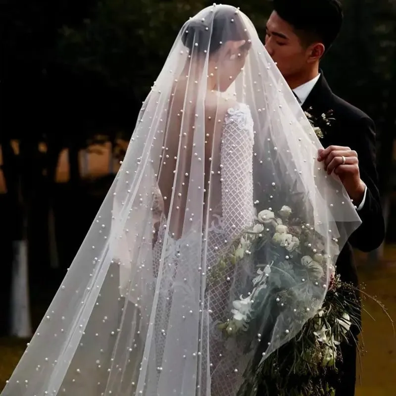 

Pearls White Ivory Long Bridal Veil With Comb One Layer Cathedral Wedding Veil with Pearls Velos de Noiva Crystal Beads 3Meters