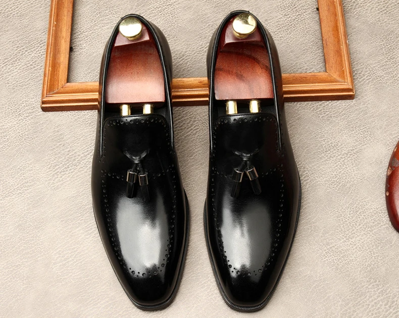 

Spring Autumn Mens Penny Loafers Genuine Leather Black Tassel Slip On Dress Shoes Square Head Men Wedding Casual Business Shoes