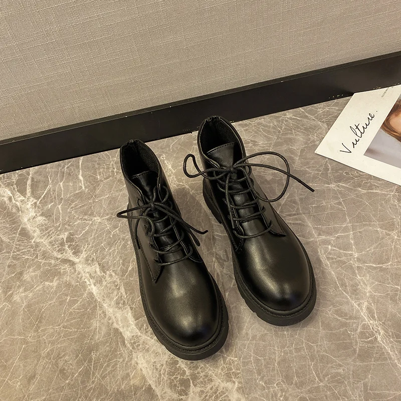 

Solid Black Leather Boots Women 2019 Autumn Winter Boots Women Shoes Woman Warm Plush British Style Lace up Fashion Ankle Boots