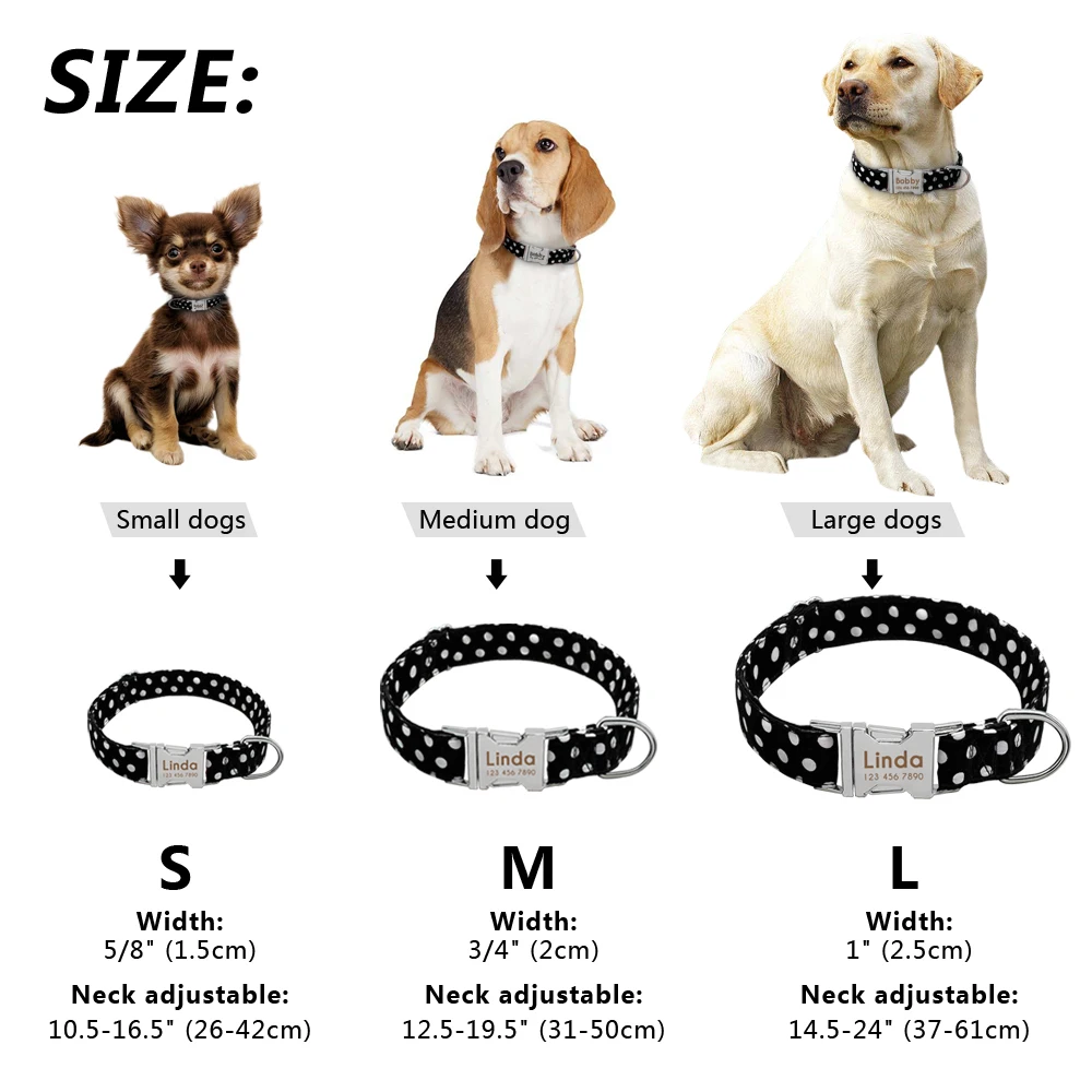 

Personalized Nylon Puppy Dog Collar Adjustable Pet ID Tag Free Small Pattern Dot For Large Tags Collars Dogs Engraving Medium